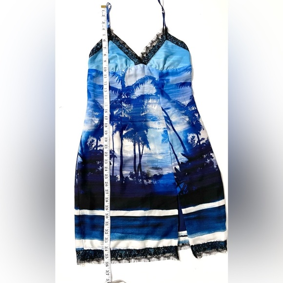 LE SUPERBE Helenas Palm Tree Mini Slip Dress Sz 8 Ocean Blue lace trim - Picture 4 of 12